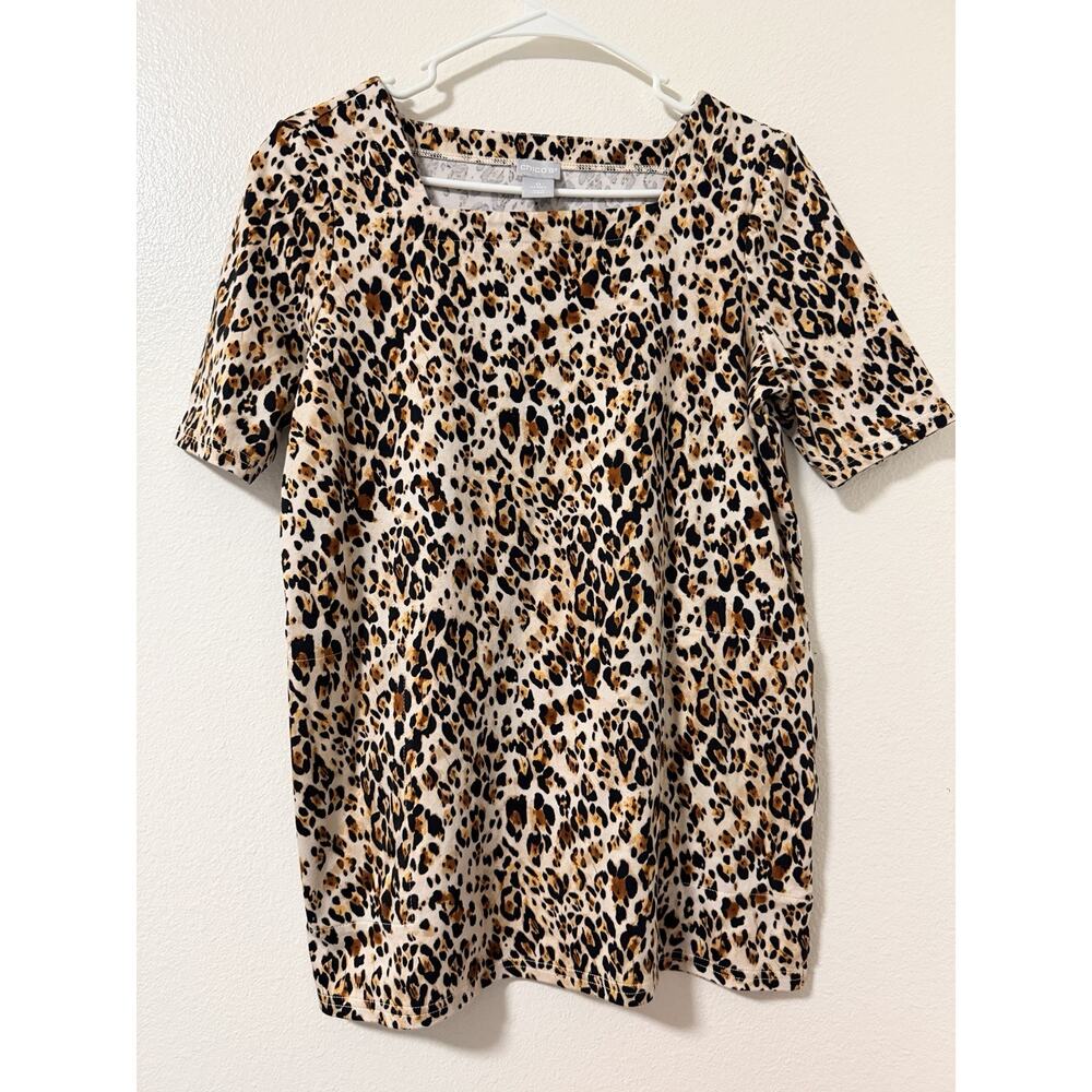 Chicos Leopard Animal Print Square Neck Short Sleeve Shirt Tunic Size 0 Small